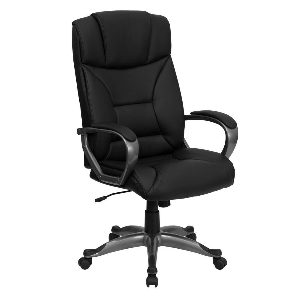 High Back Black LeatherSoft Executive Swivel Office Chair with Lip Edge Base and Arms. Picture 1