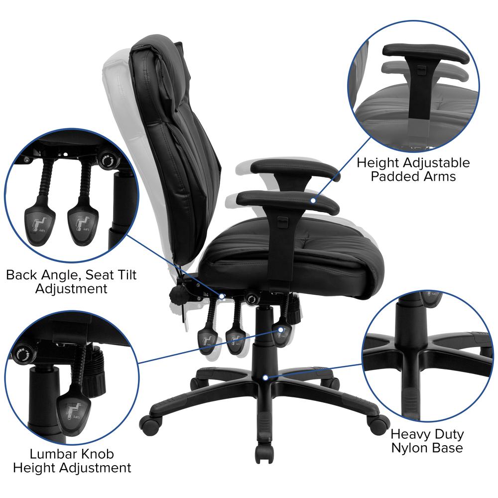 High Back Black LeatherSoft Multifunction Executive Swivel Ergonomic Office Chair with Lumbar Support Knob with Arms. Picture 6