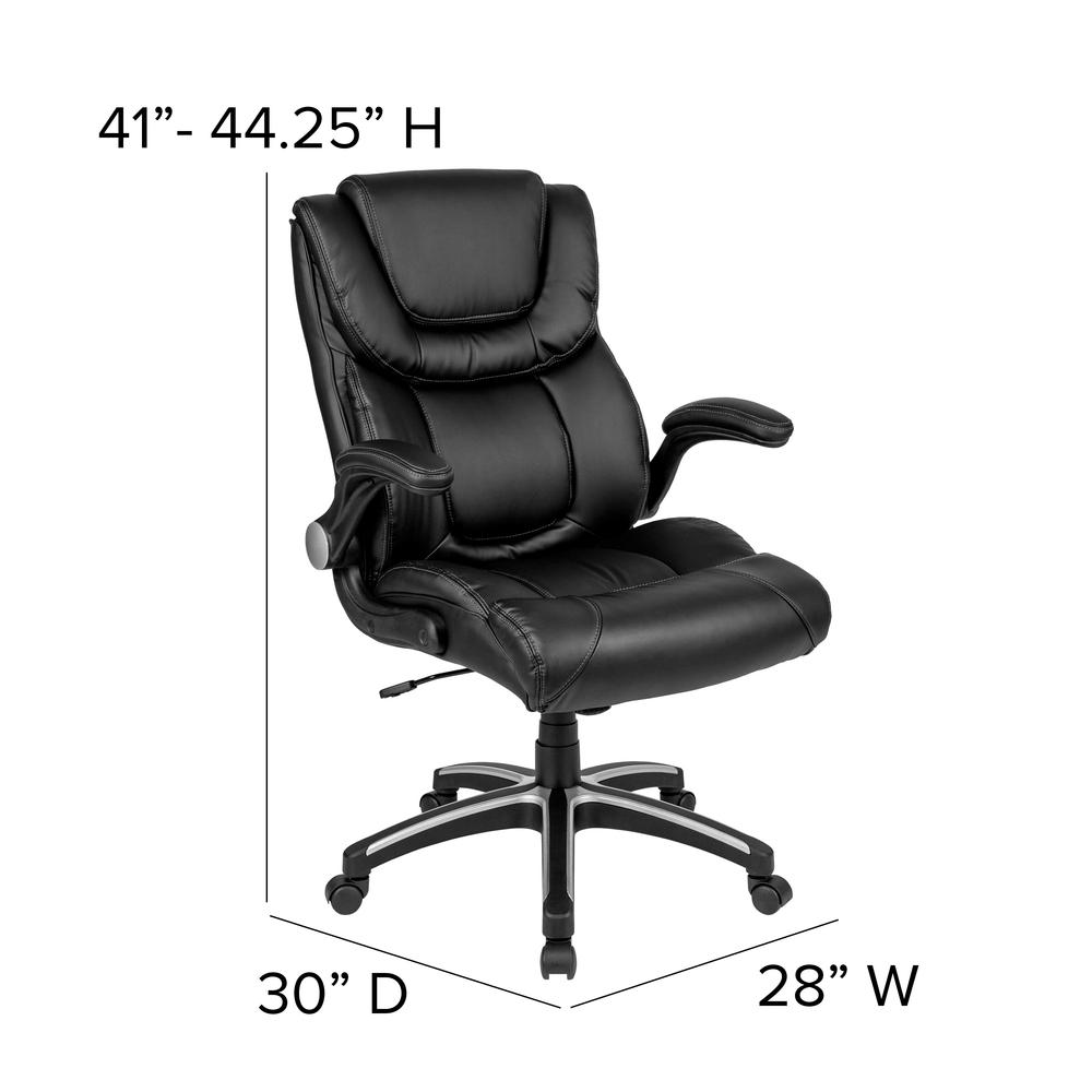 High Back Black LeatherSoft Executive Swivel Office Chair with Double Layered Headrest and Open Arms. Picture 2