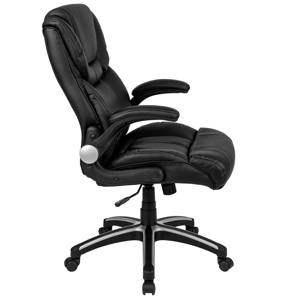 High Back Black LeatherSoft Executive Swivel Office Chair with Double Layered Headrest and Open Arms. Picture 3