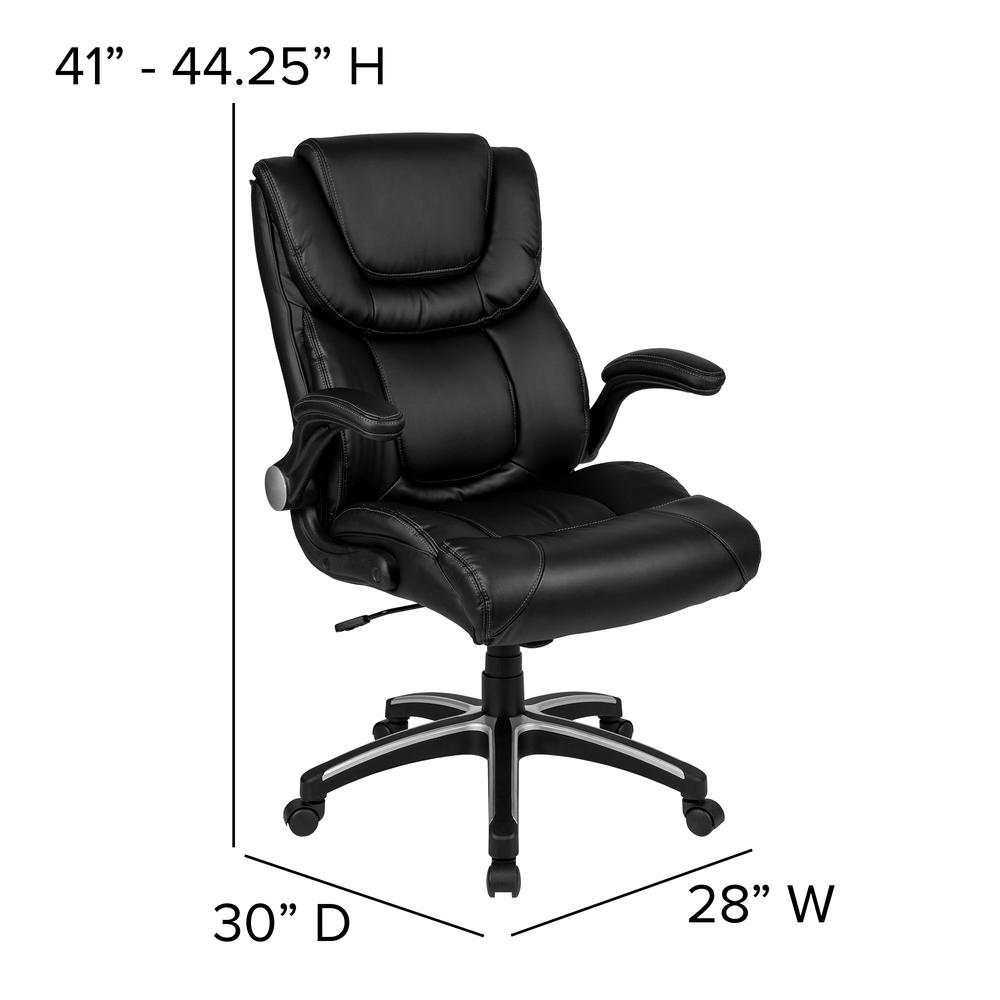 High Back Black LeatherSoft Executive Swivel Office Chair with Double Layered Headrest and Open Arms. Picture 5