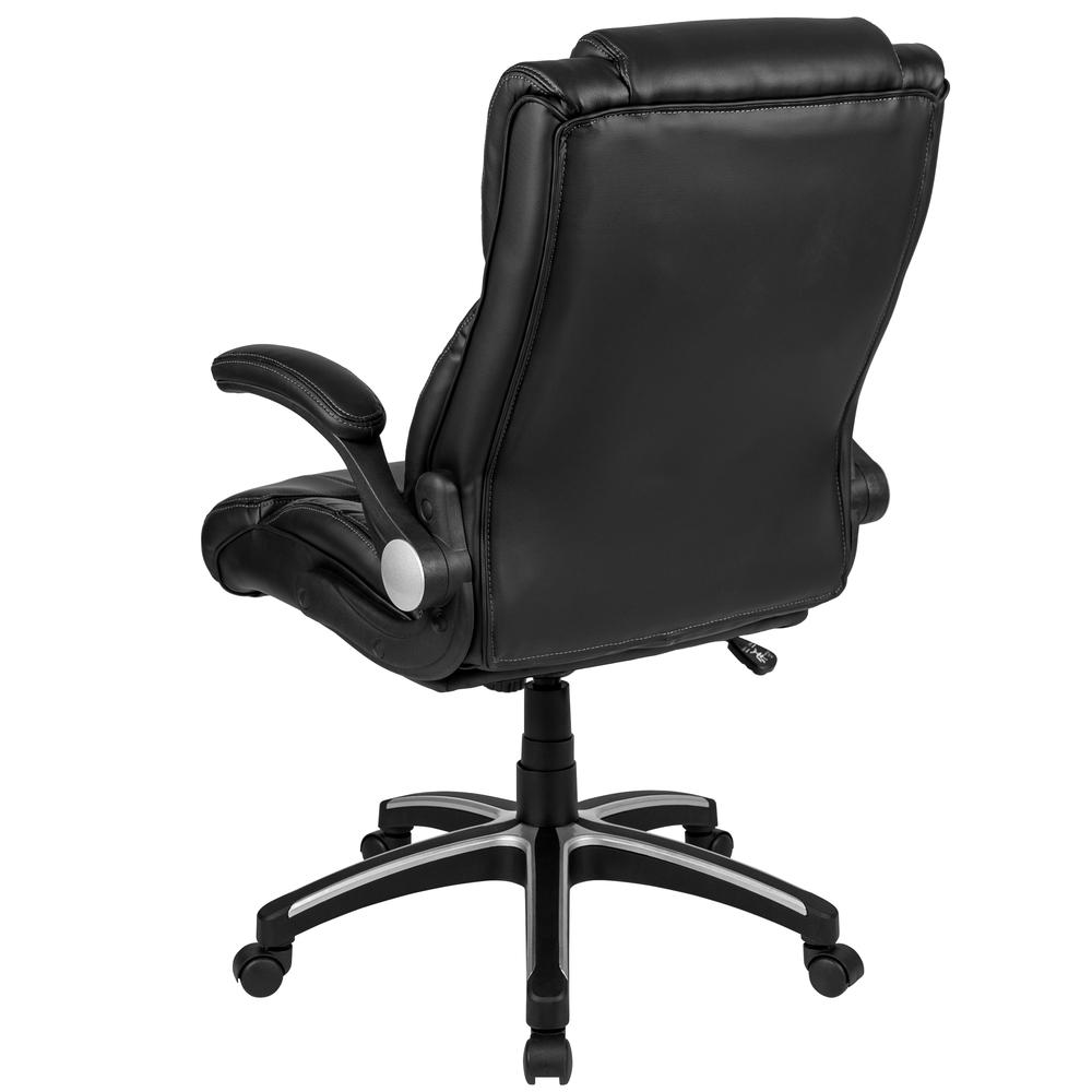 High Back Black LeatherSoft Executive Swivel Office Chair with Double Layered Headrest and Open Arms. Picture 6