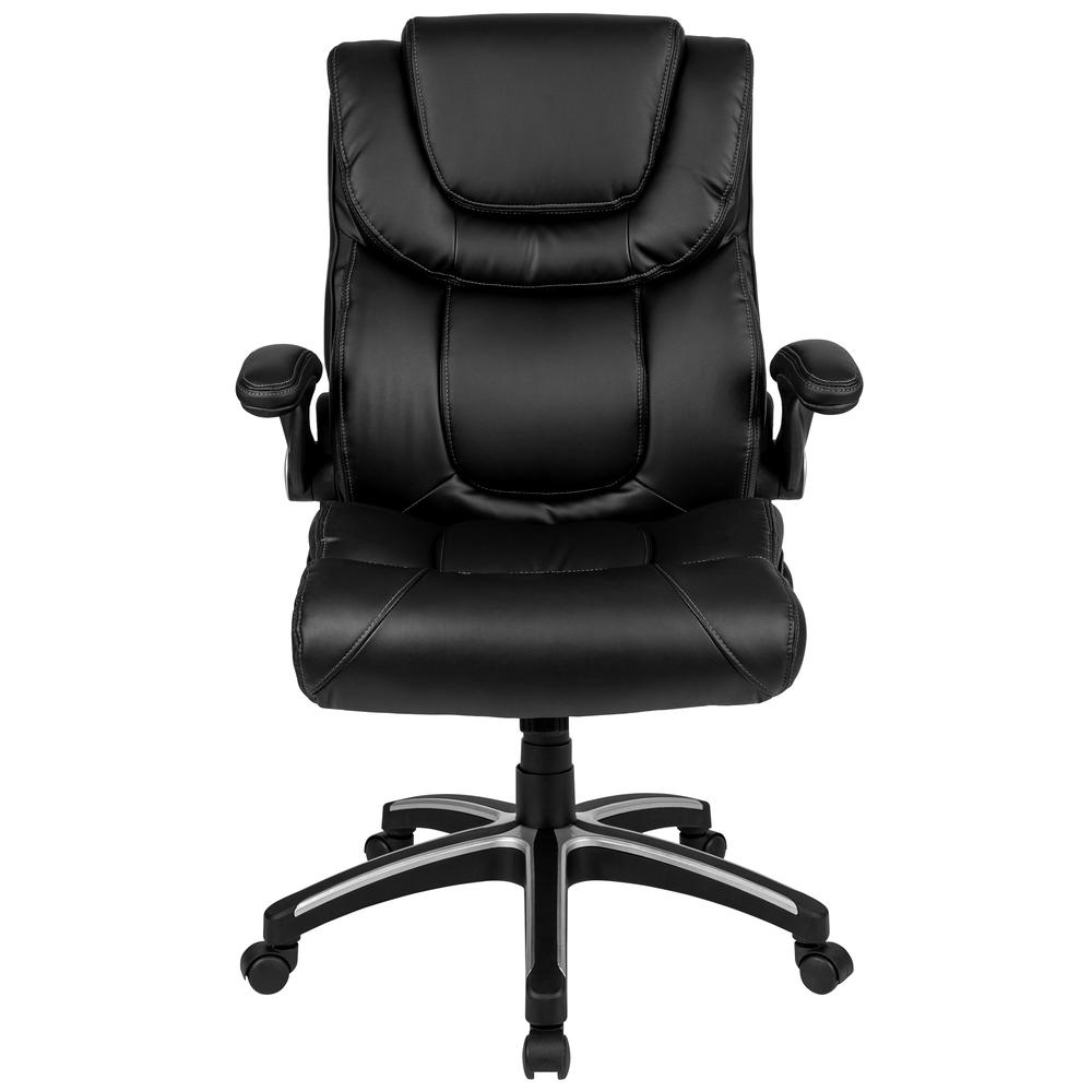 High Back Black LeatherSoft Executive Swivel Office Chair with Double Layered Headrest and Open Arms. Picture 7