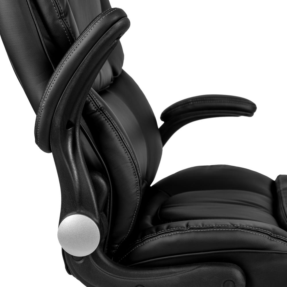 High Back Black LeatherSoft Executive Swivel Office Chair with Double Layered Headrest and Open Arms. Picture 9
