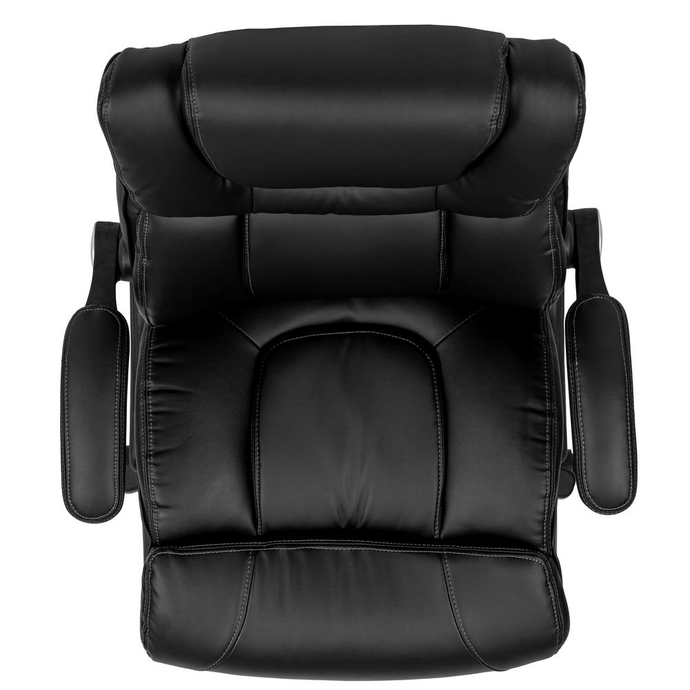 High Back Black LeatherSoft Executive Swivel Office Chair with Double Layered Headrest and Open Arms. Picture 11
