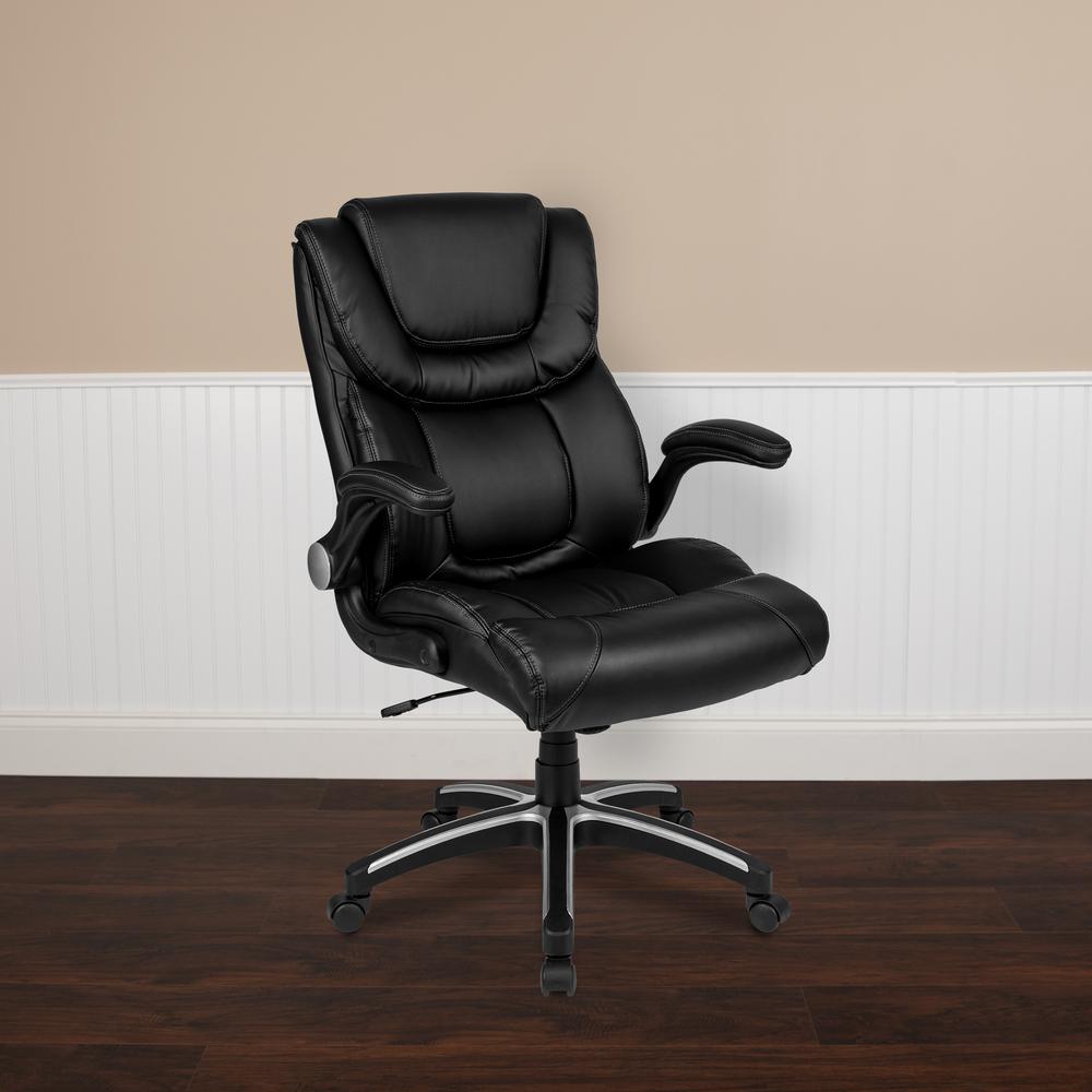 High Back Black LeatherSoft Executive Swivel Office Chair with Double Layered Headrest and Open Arms. Picture 13