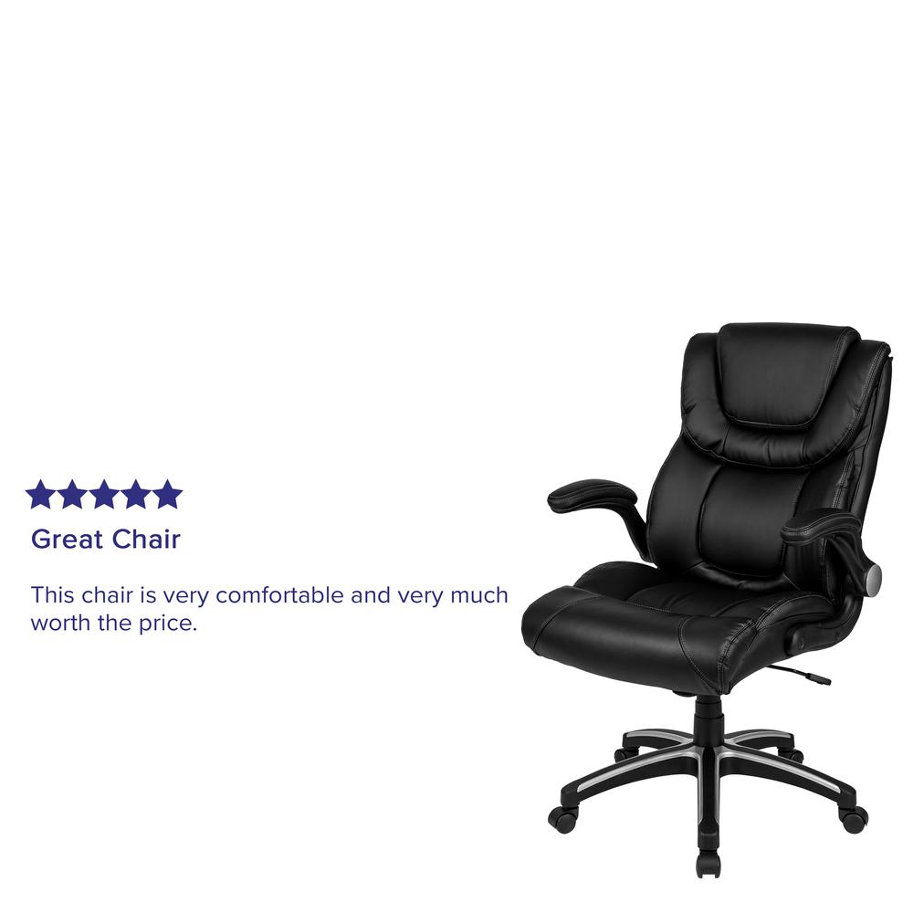 High Back Black LeatherSoft Executive Swivel Office Chair with Double Layered Headrest and Open Arms. Picture 14