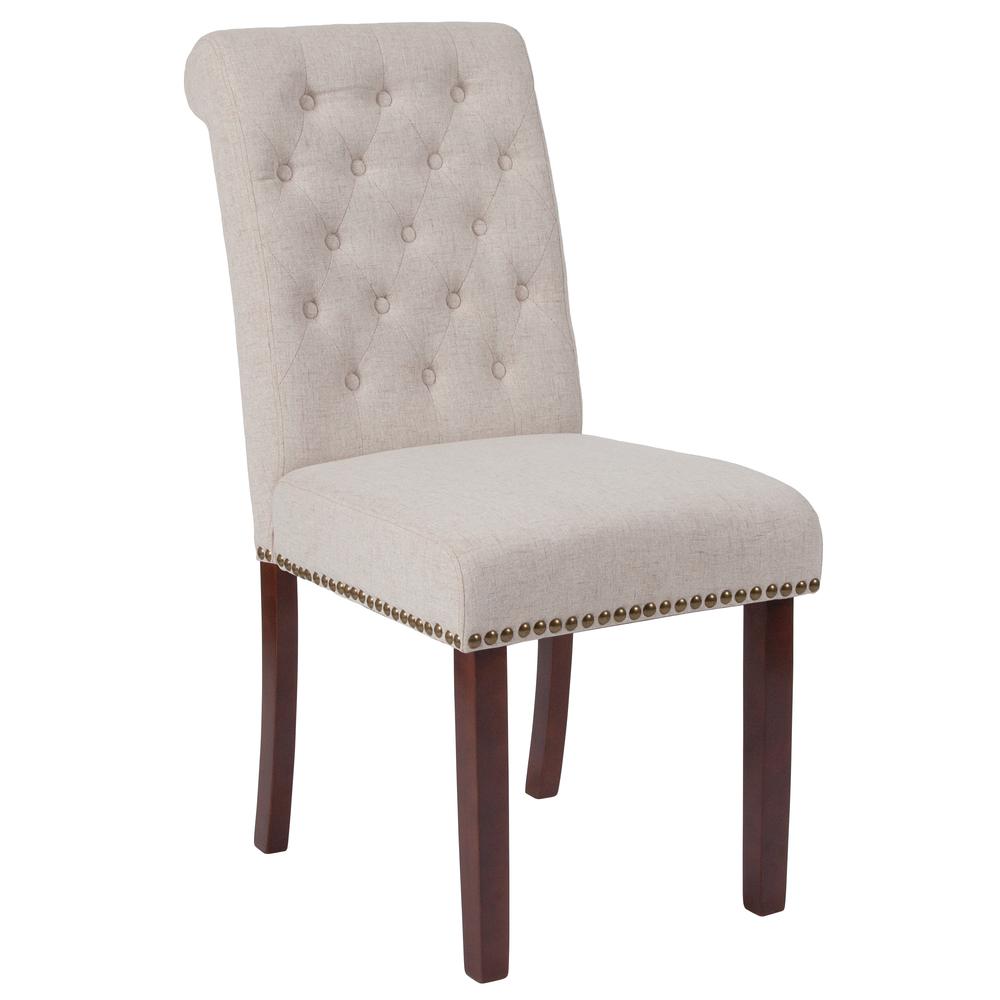 Beige Fabric Parsons Chair with Rolled Back, Accent Nail Trim and Walnut Finish. Picture 1