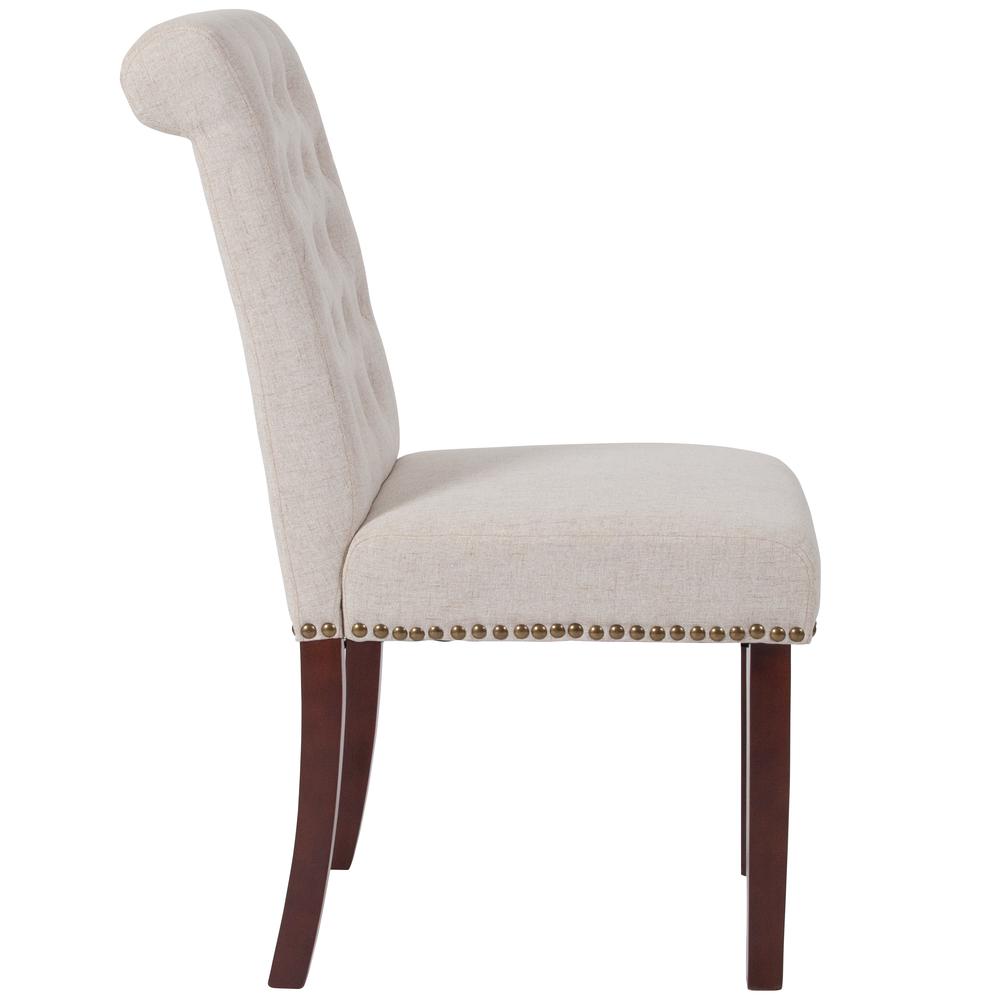 Beige Fabric Parsons Chair with Rolled Back, Accent Nail Trim and Walnut Finish. Picture 2
