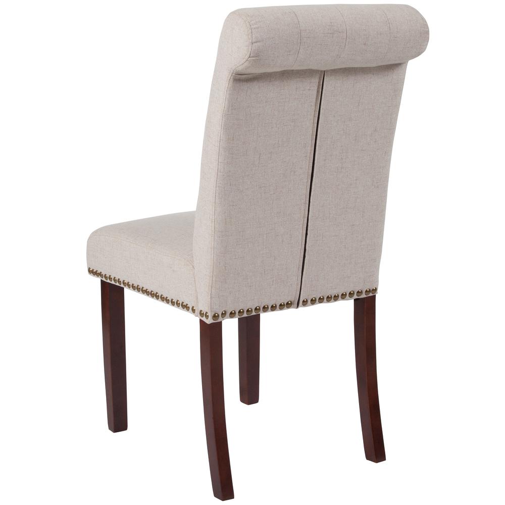 Beige Fabric Parsons Chair with Rolled Back, Accent Nail Trim and Walnut Finish. Picture 3