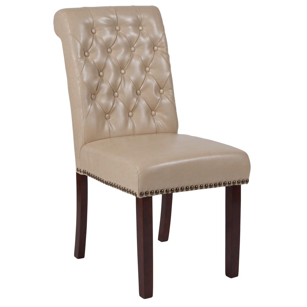 Beige LeatherSoft Parsons Chair with Rolled Back, Accent Nail Trim and Walnut Finish. Picture 1