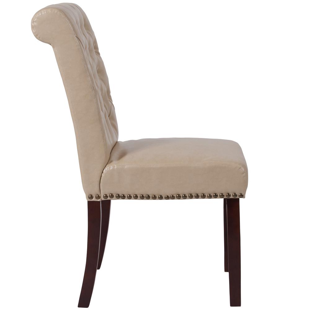 Beige LeatherSoft Parsons Chair with Rolled Back, Accent Nail Trim and Walnut Finish. Picture 2