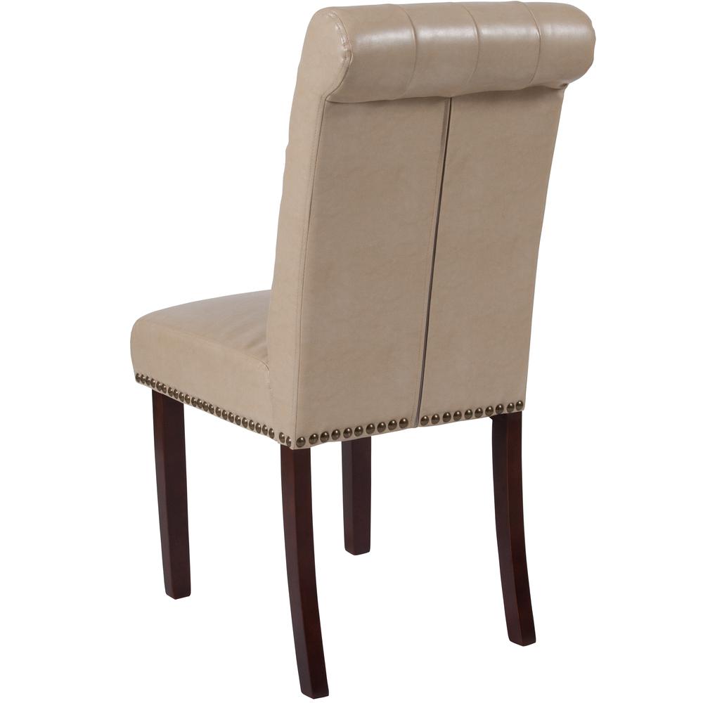 Beige LeatherSoft Parsons Chair with Rolled Back, Accent Nail Trim and Walnut Finish. Picture 3