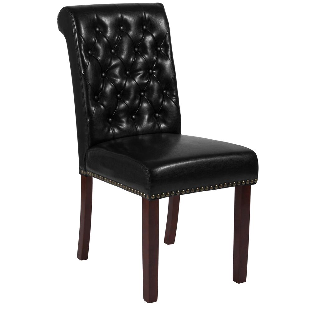 Black LeatherSoft Parsons Chair with Rolled Back, Accent Nail Trim and Walnut Finish. Picture 1