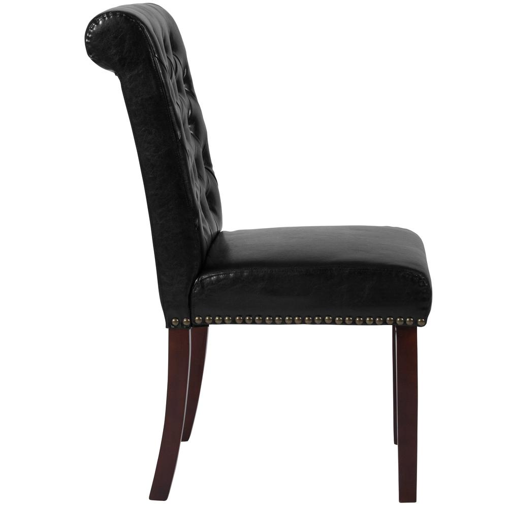 Black LeatherSoft Parsons Chair with Rolled Back, Accent Nail Trim and Walnut Finish. Picture 2