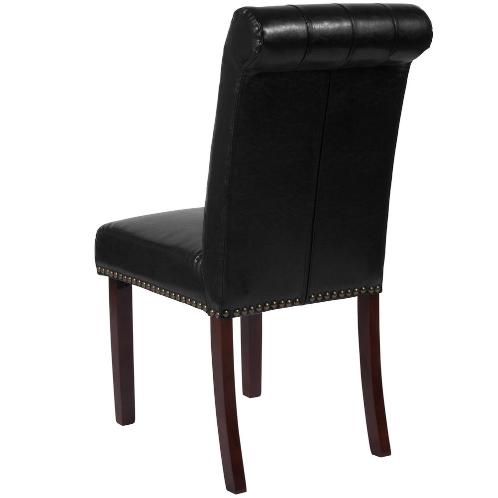 Black LeatherSoft Parsons Chair with Rolled Back, Accent Nail Trim and Walnut Finish. Picture 3