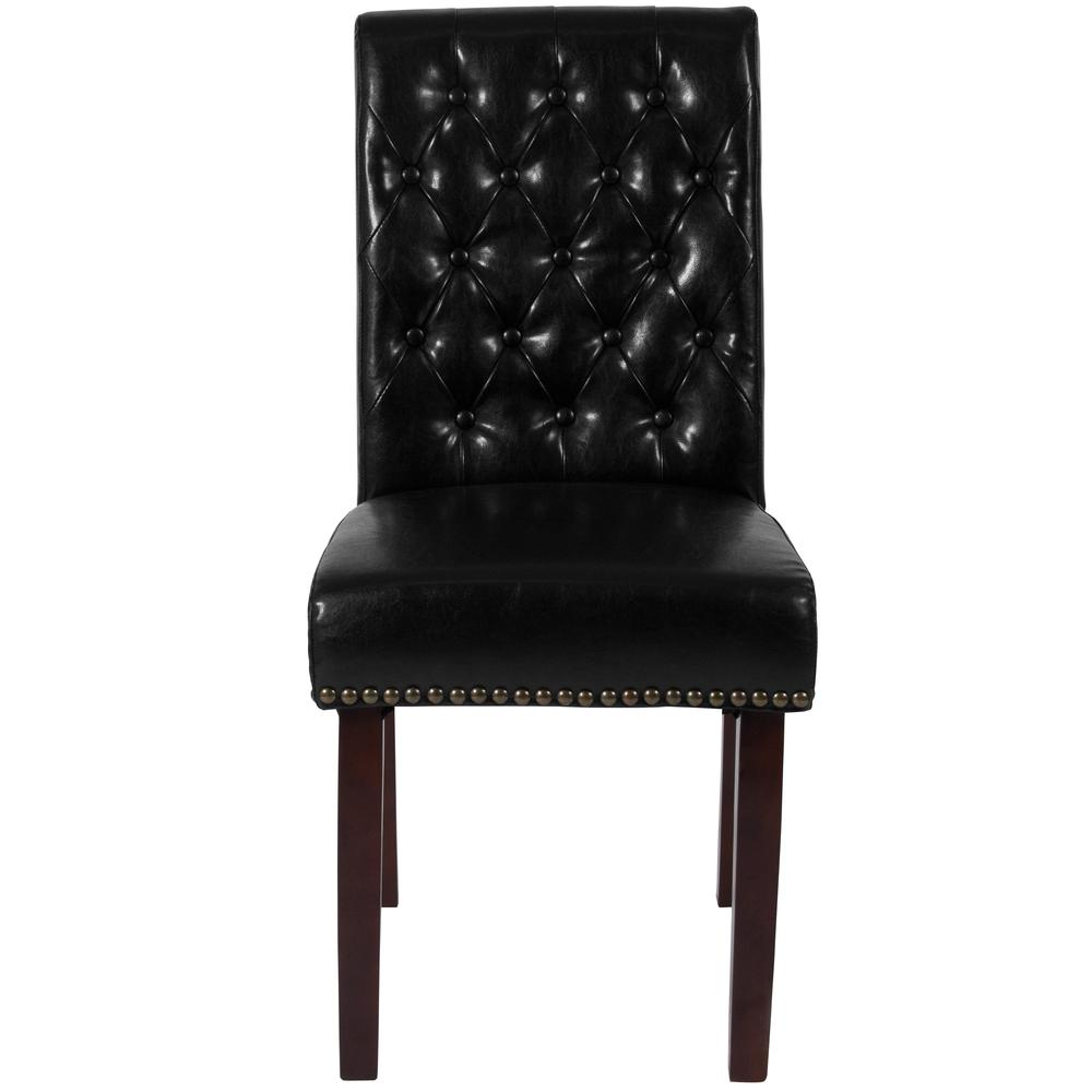 Black LeatherSoft Parsons Chair with Rolled Back, Accent Nail Trim and Walnut Finish. Picture 4