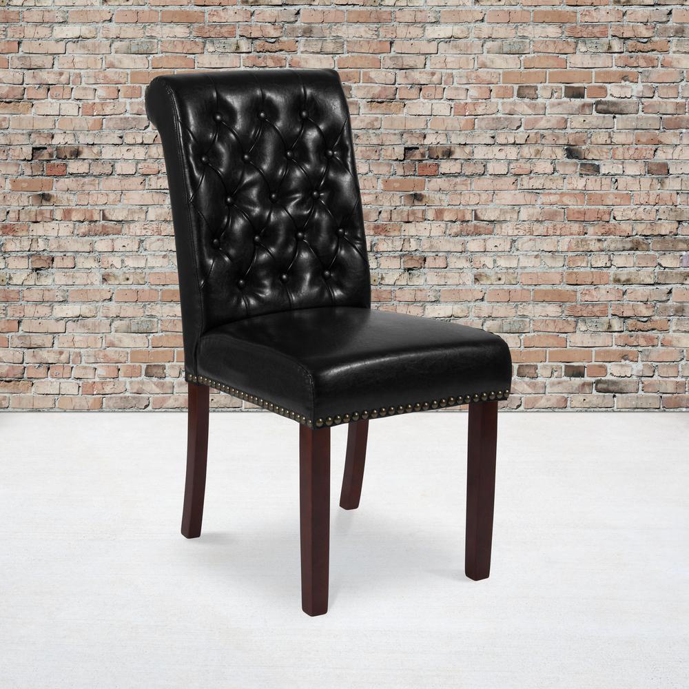 Black LeatherSoft Parsons Chair with Rolled Back, Accent Nail Trim and Walnut Finish. Picture 5