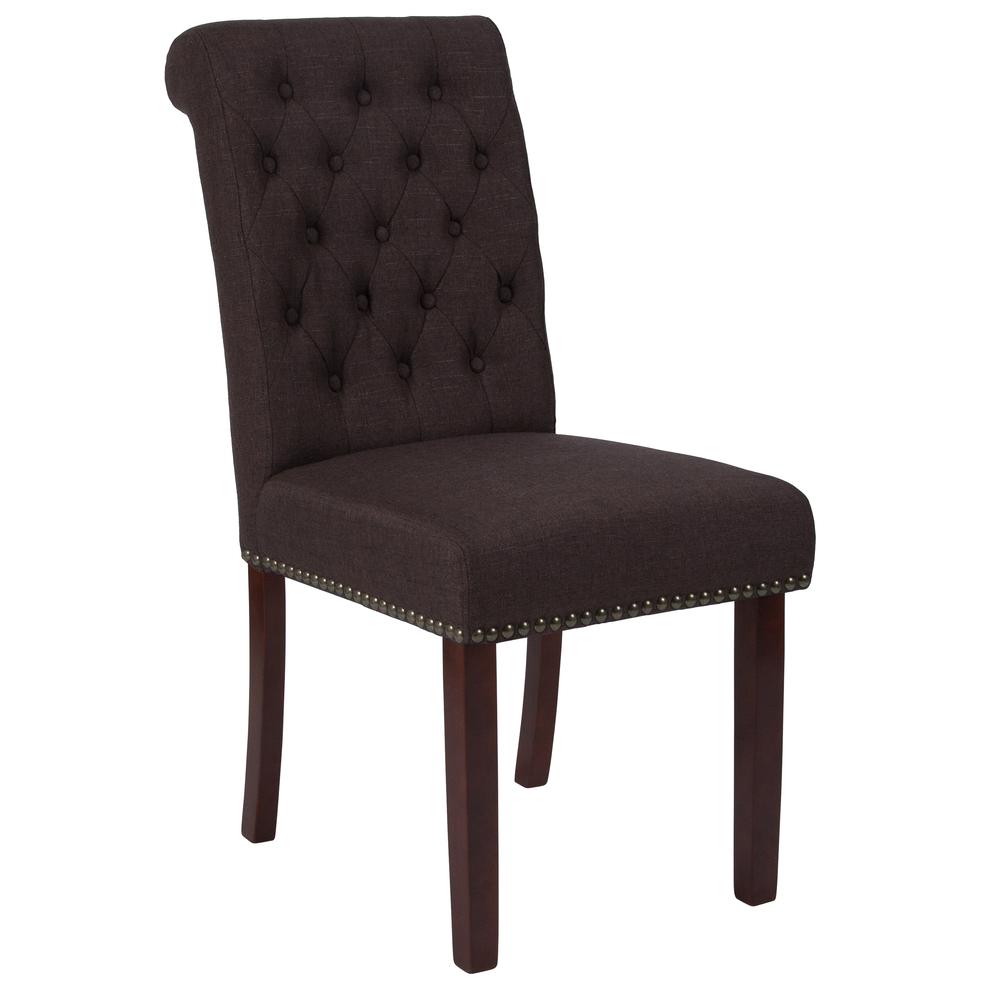 Brown Fabric Parsons Chair with Rolled Back, Accent Nail Trim and Walnut Finish. Picture 1