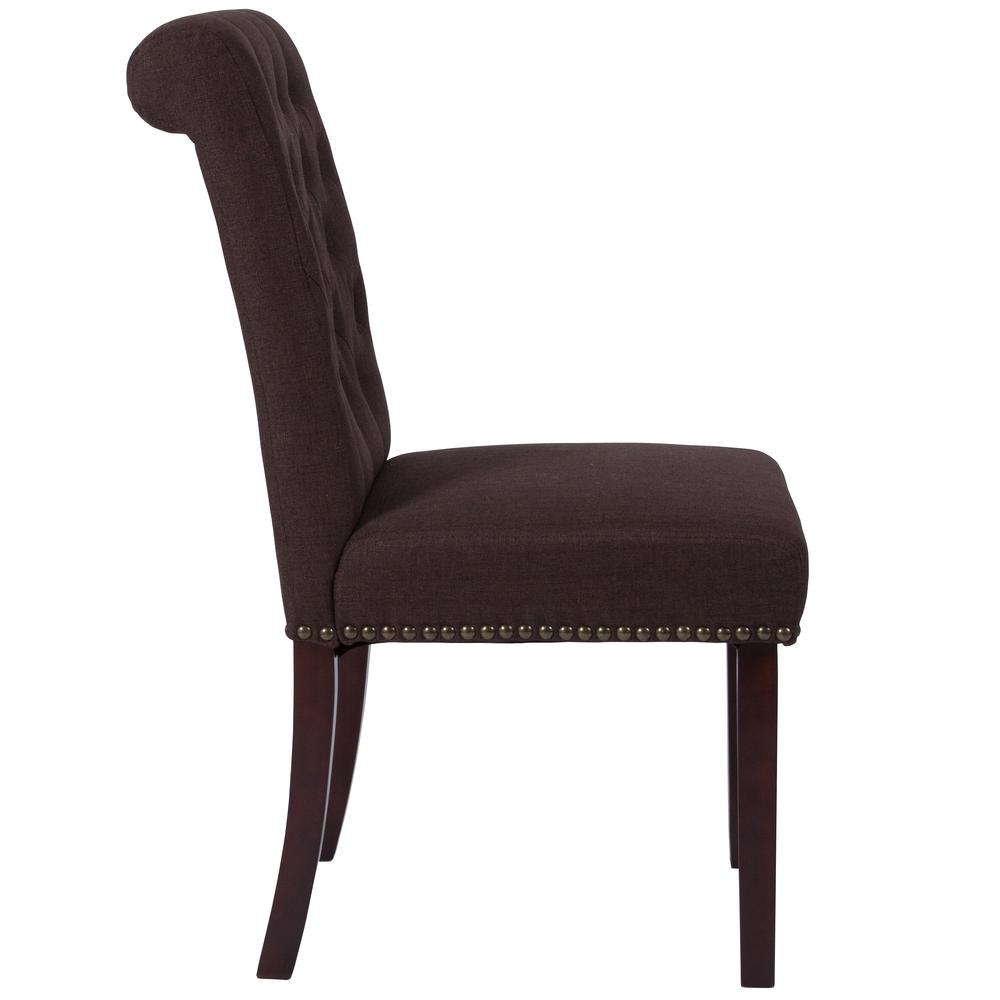 Brown Fabric Parsons Chair with Rolled Back, Accent Nail Trim and Walnut Finish. Picture 2