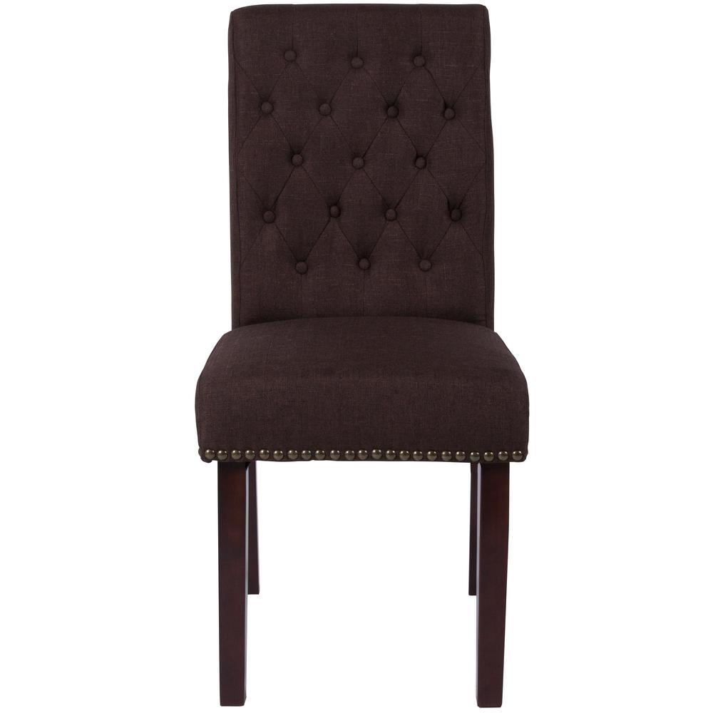 Brown Fabric Parsons Chair with Rolled Back, Accent Nail Trim and Walnut Finish. Picture 4