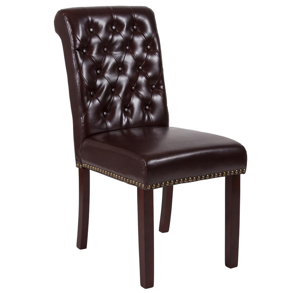 Brown LeatherSoft Tufted Parsons Chair with Rolled Back, Accent Nail Trim and Walnut Finish. Picture 1