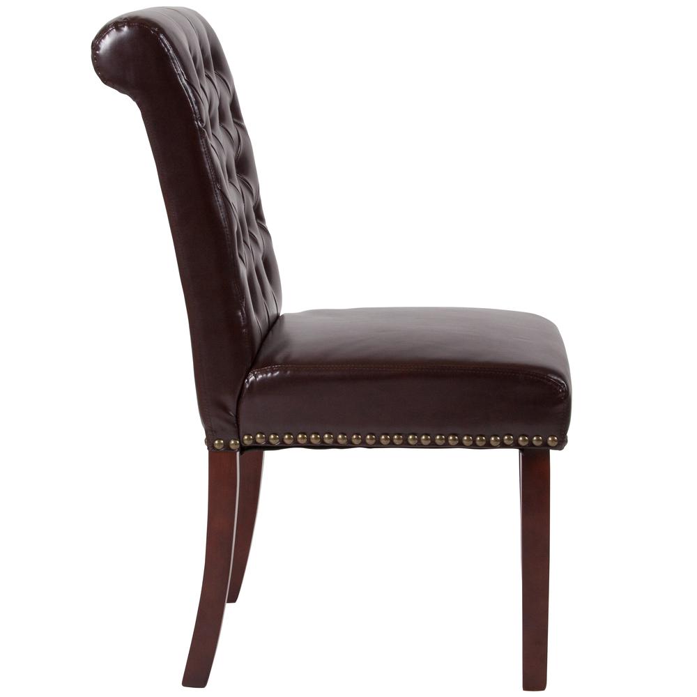 Brown LeatherSoft Tufted Parsons Chair with Rolled Back, Accent Nail Trim and Walnut Finish. Picture 2