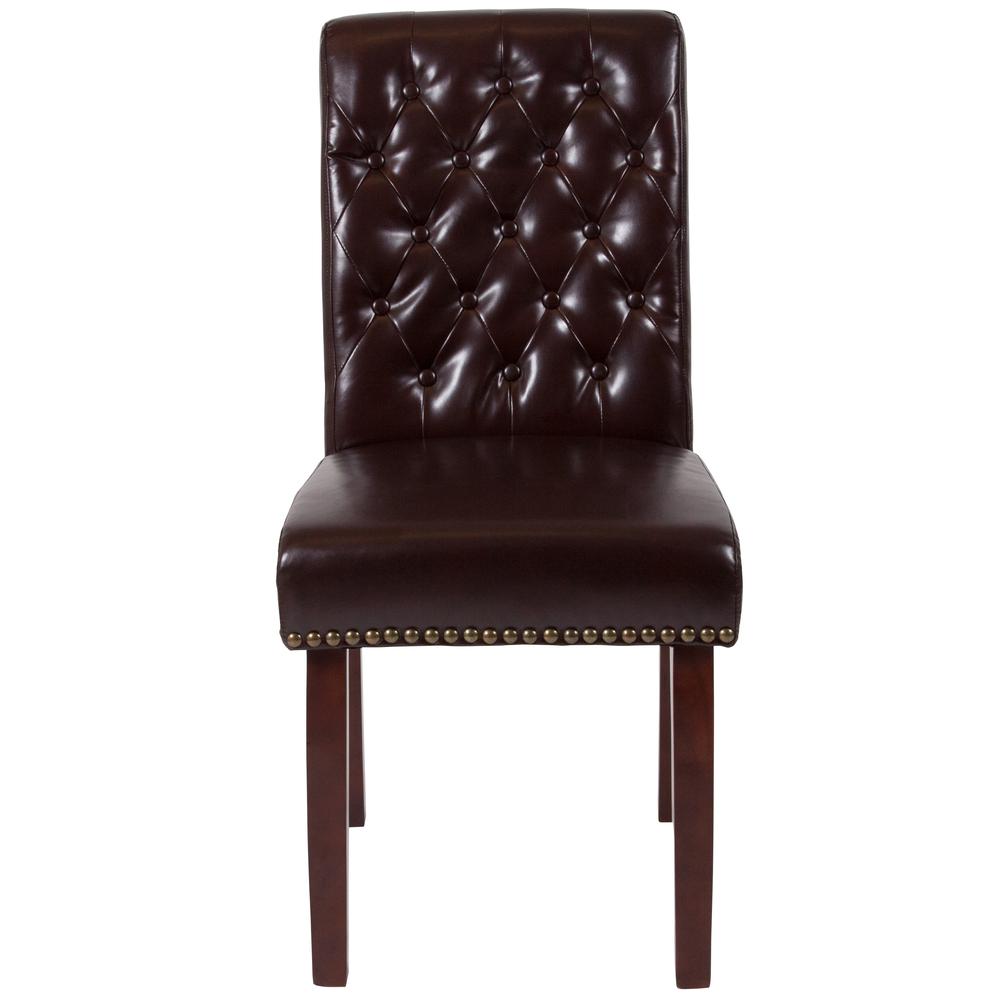 Brown LeatherSoft Tufted Parsons Chair with Rolled Back, Accent Nail Trim and Walnut Finish. Picture 4