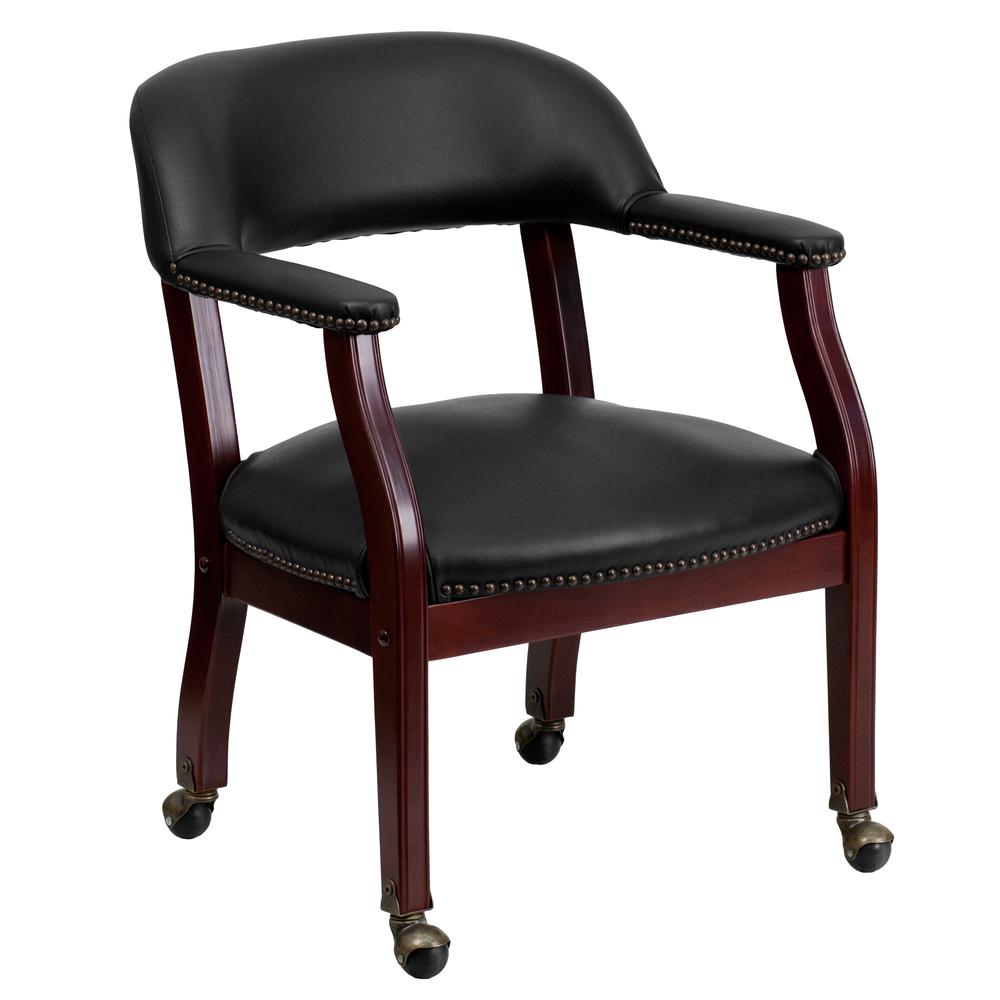 Black Vinyl Luxurious Conference Chair with Accent Nail Trim and Casters. Picture 1