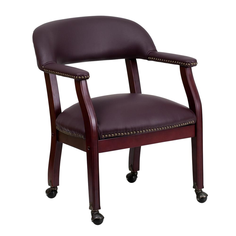 Burgundy LeatherSoft Conference Chair with Accent Nail Trim and Casters. Picture 1