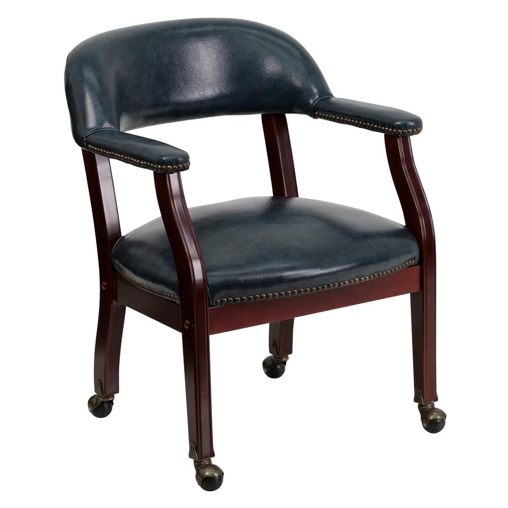 Navy Vinyl Luxurious Conference Chair with Accent Nail Trim and Casters. Picture 1