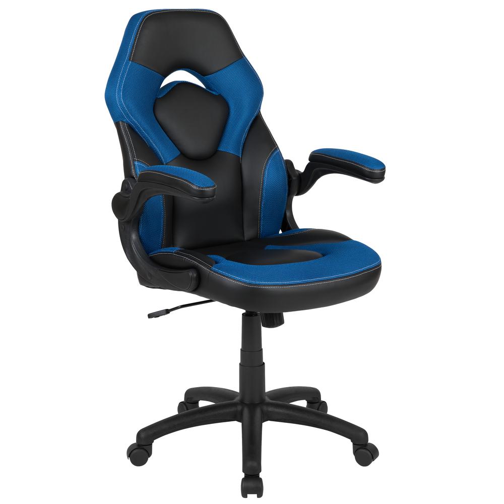 Gaming Chair Racing Office Ergonomic Computer PC Adjustable Swivel Chair with Flip-up Arms, Blue/Black LeatherSoft. Picture 1