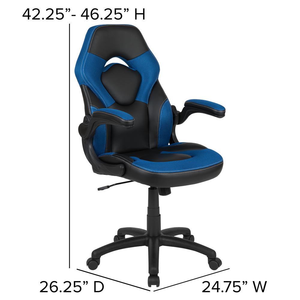 Gaming Chair Racing Office Ergonomic Computer PC Adjustable Swivel Chair with Flip-up Arms, Blue/Black LeatherSoft. Picture 2