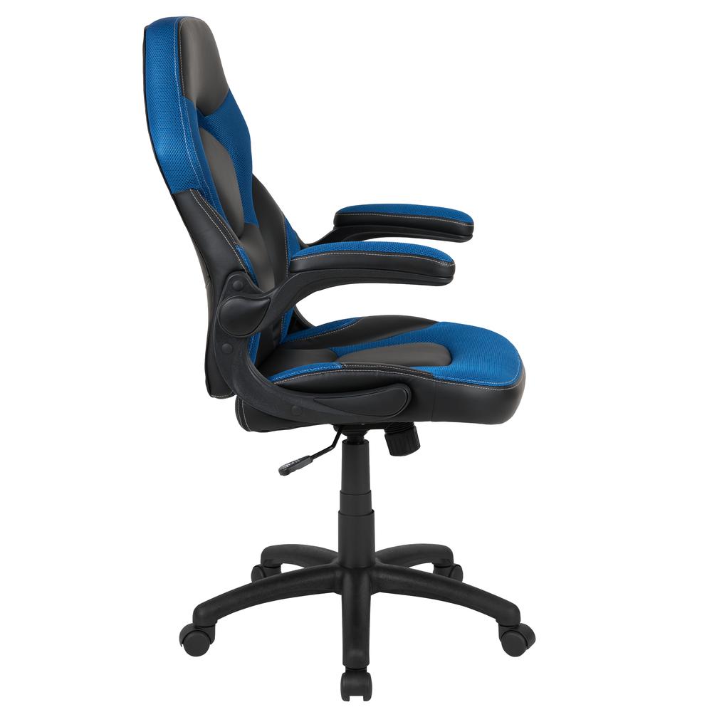 Gaming Chair Racing Office Ergonomic Computer PC Adjustable Swivel Chair with Flip-up Arms, Blue/Black LeatherSoft. Picture 3