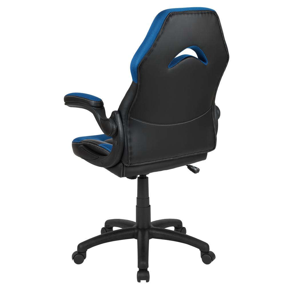 Gaming Chair Racing Office Ergonomic Computer PC Adjustable Swivel Chair with Flip-up Arms, Blue/Black LeatherSoft. Picture 4