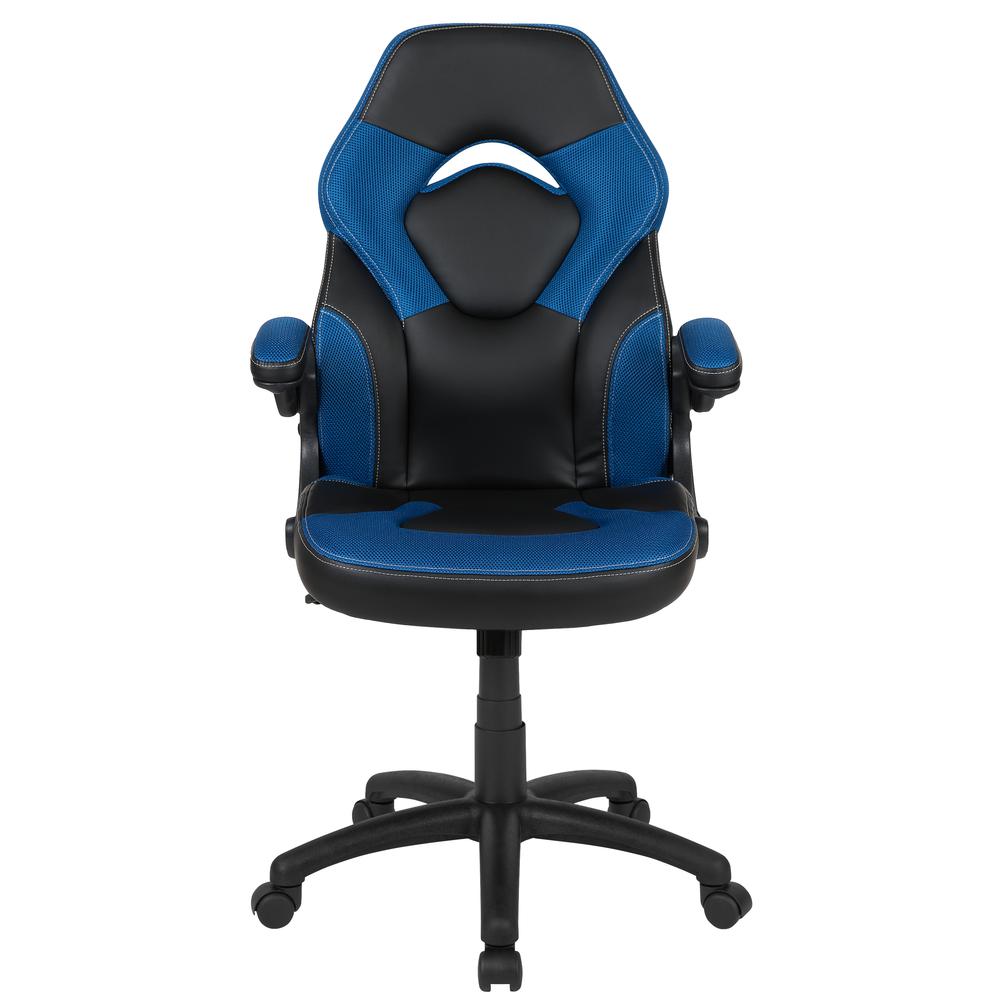 Gaming Chair Racing Office Ergonomic Computer PC Adjustable Swivel Chair with Flip-up Arms, Blue/Black LeatherSoft. Picture 5