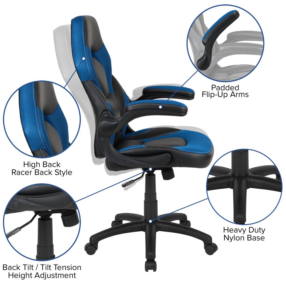 Gaming Chair Racing Office Ergonomic Computer PC Adjustable Swivel Chair with Flip-up Arms, Blue/Black LeatherSoft. Picture 6