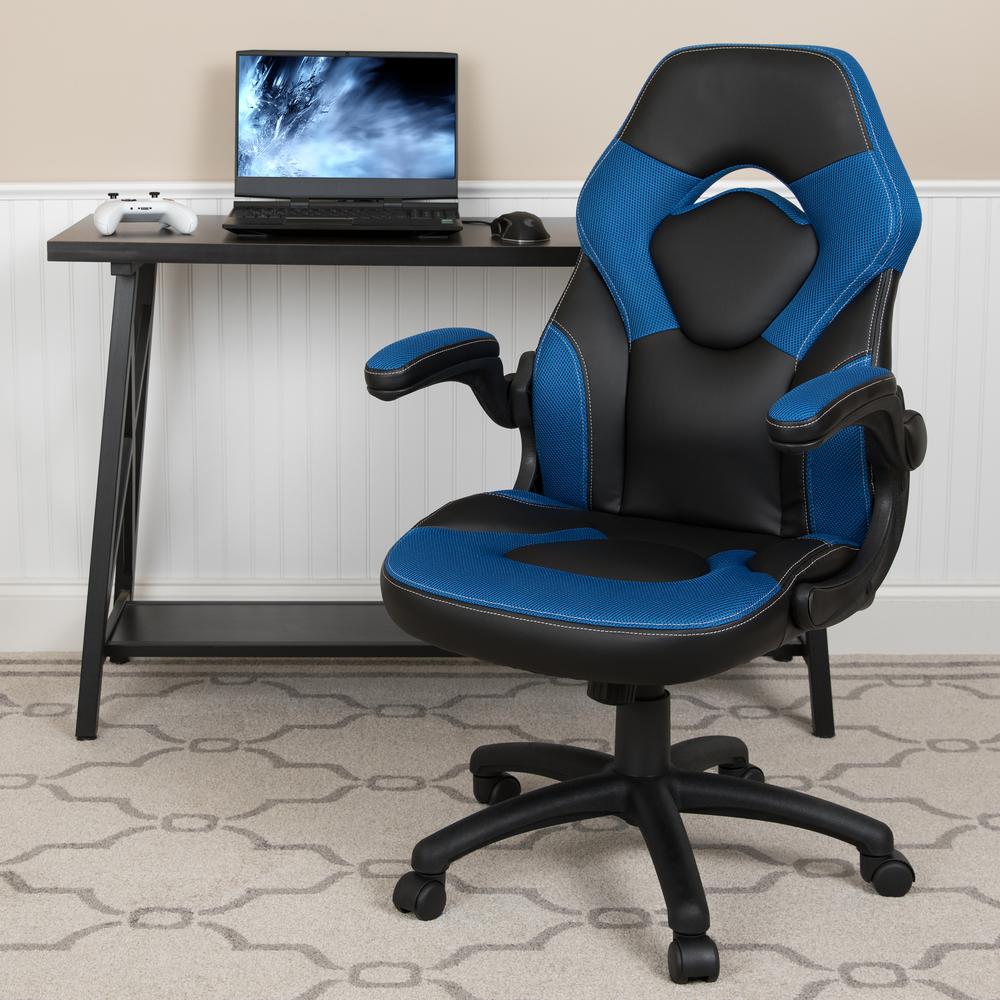 Gaming Chair Racing Office Ergonomic Computer PC Adjustable Swivel Chair with Flip-up Arms, Blue/Black LeatherSoft. Picture 11