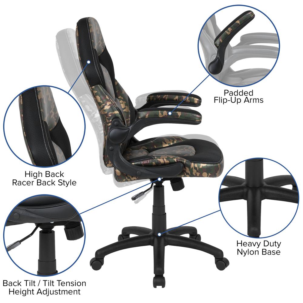 Gaming Chair Racing Office Ergonomic Computer PC Adjustable Swivel Chair with Flip-up Arms, Camouflage/Black LeatherSoft. Picture 6