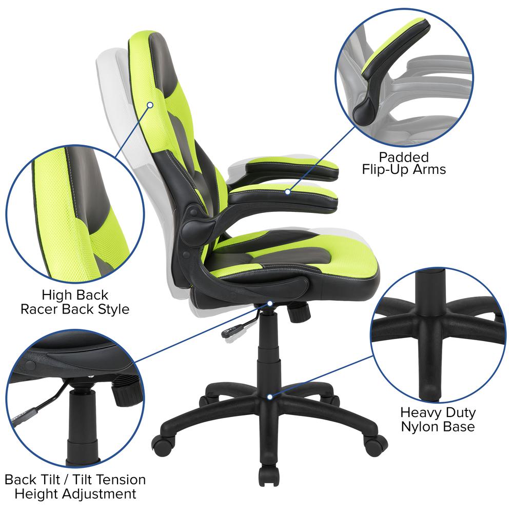 Gaming Chair Racing Office Ergonomic Computer PC Adjustable Swivel Chair with Flip-up Arms, Neon Green/Black LeatherSoft. Picture 6