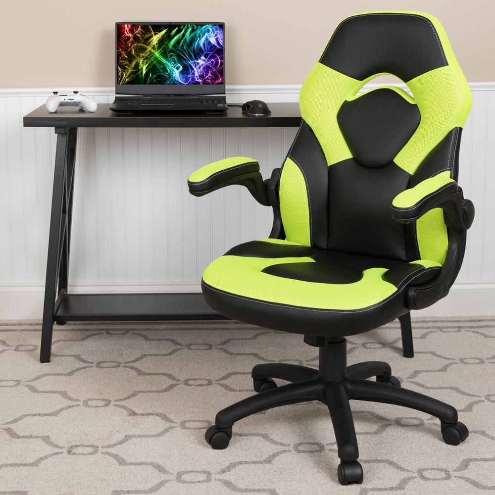 X10 Gaming Chair Racing Office Ergonomic Computer PC Adjustable Swivel Chair with Flip-up Arms, Neon Green/Black LeatherSoft. Picture 2