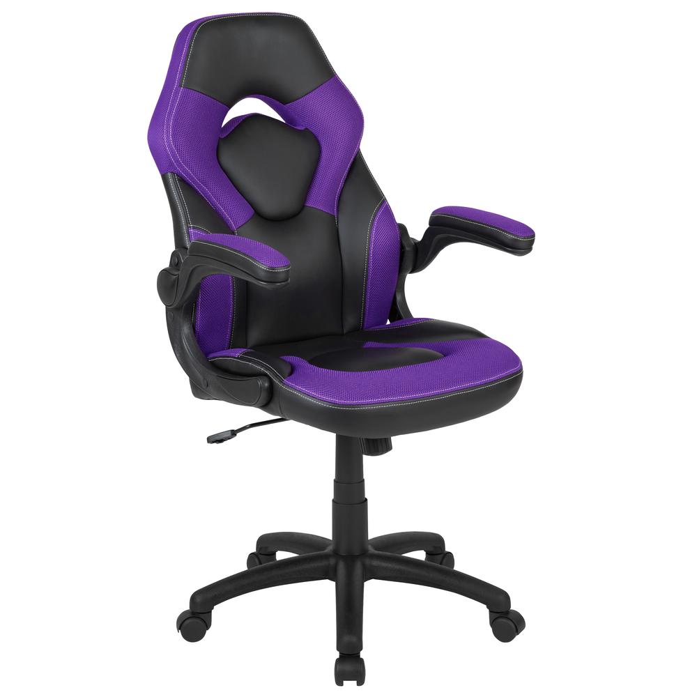 X10 Gaming Chair Racing Office Ergonomic Computer PC Adjustable Swivel Chair with Flip-up Arms, Purple/Black LeatherSoft. Picture 2