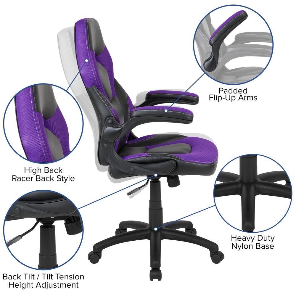 X10 Gaming Chair Racing Office Ergonomic Computer PC Adjustable Swivel Chair with Flip-up Arms, Purple/Black LeatherSoft. Picture 4