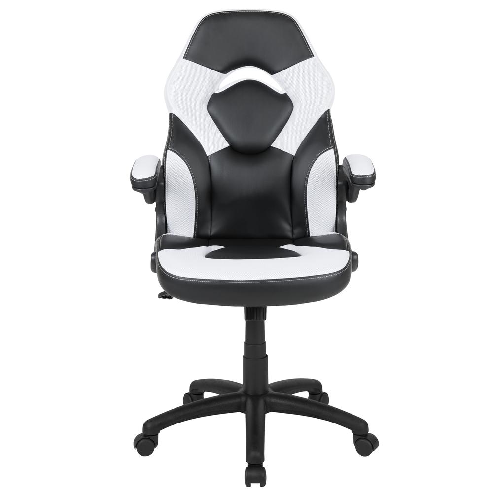 Gaming Chair Racing Office Ergonomic Computer PC Adjustable Swivel Chair with Flip-up Arms, White/Black LeatherSoft. Picture 5