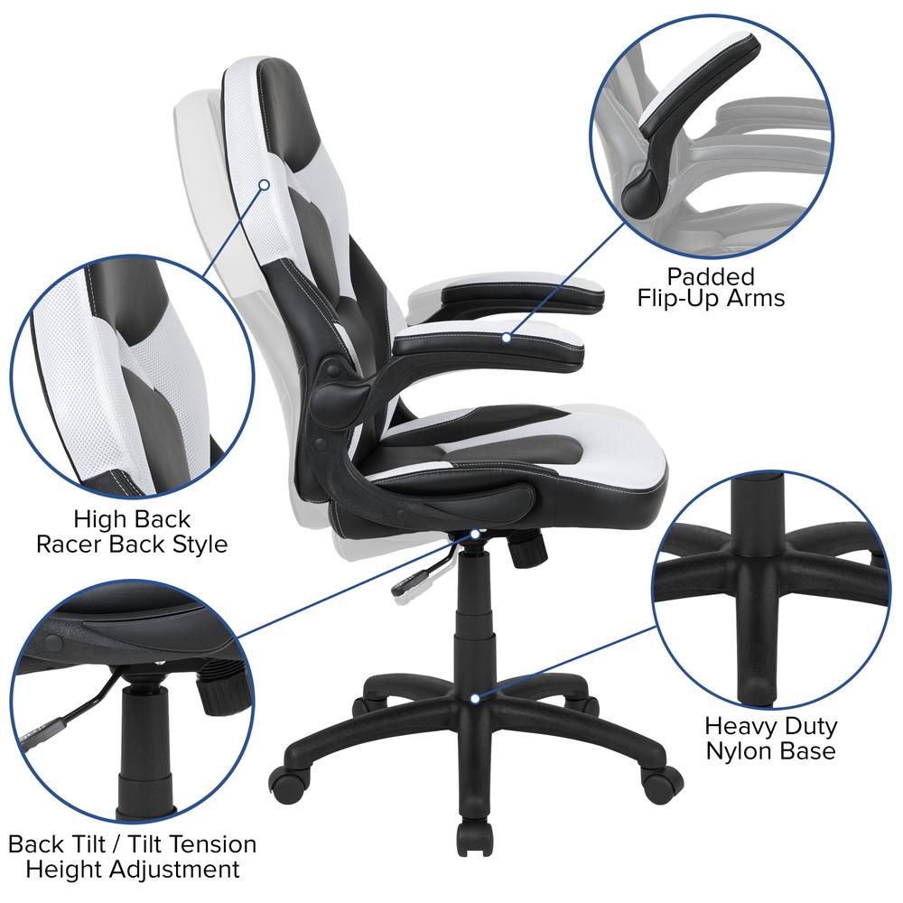 Gaming Chair Racing Office Ergonomic Computer PC Adjustable Swivel Chair with Flip-up Arms, White/Black LeatherSoft. Picture 6