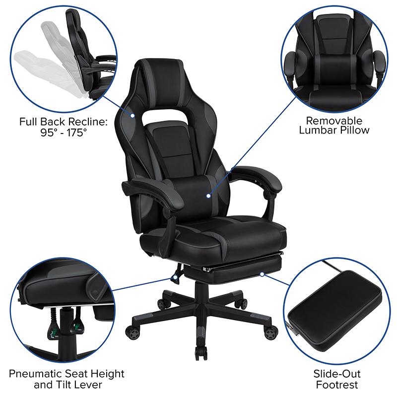 X40 Gaming Chair Racing Ergonomic Computer Chair with Fully Reclining Back/Arms, Slide-Out Footrest, Massaging Lumbar - Black/Gray. Picture 4