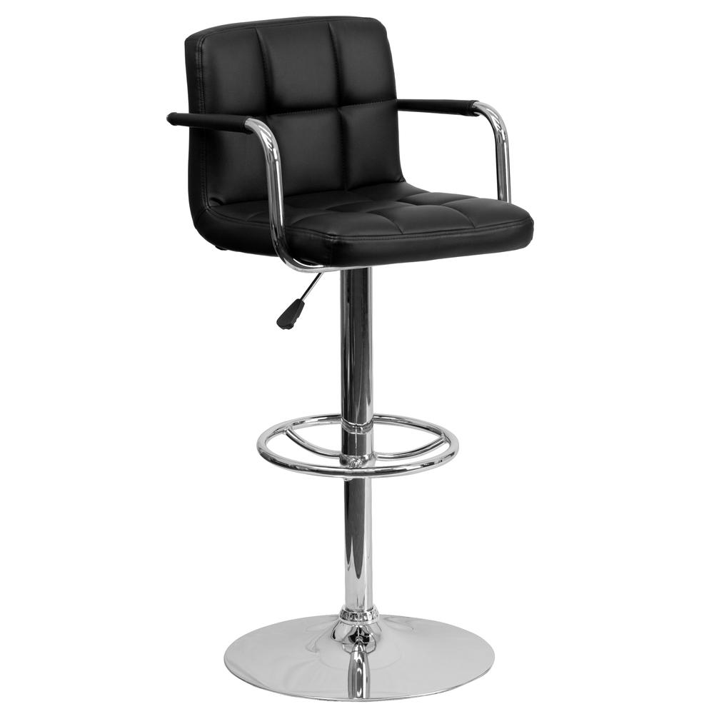 Contemporary Black Quilted Vinyl Adjustable Height Barstool with Arms and Chrome Base. Picture 1