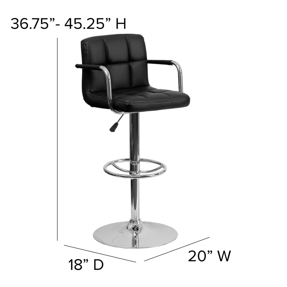 Black Quilted Vinyl Adjustable Height Bar Stool with Arms & Chrome Base 