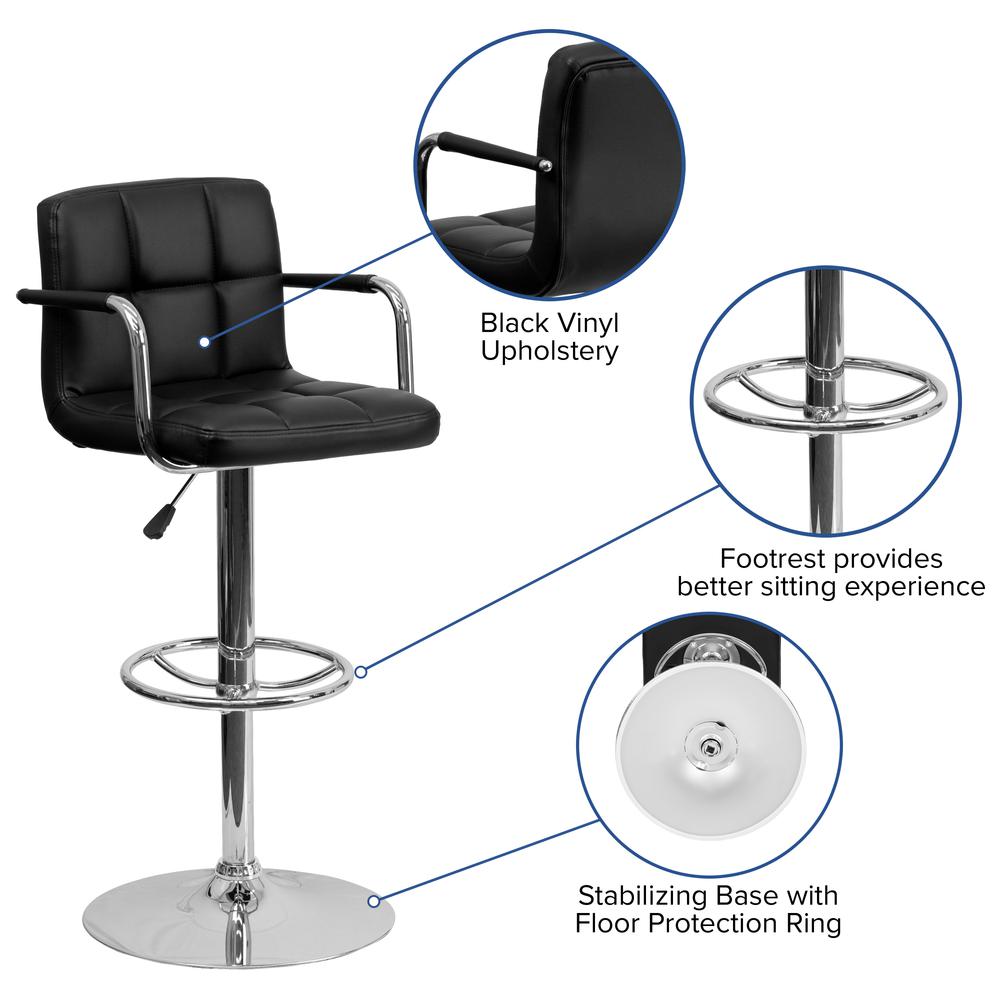 Contemporary Black Quilted Vinyl Adjustable Height Barstool with Arms and Chrome Base. Picture 6