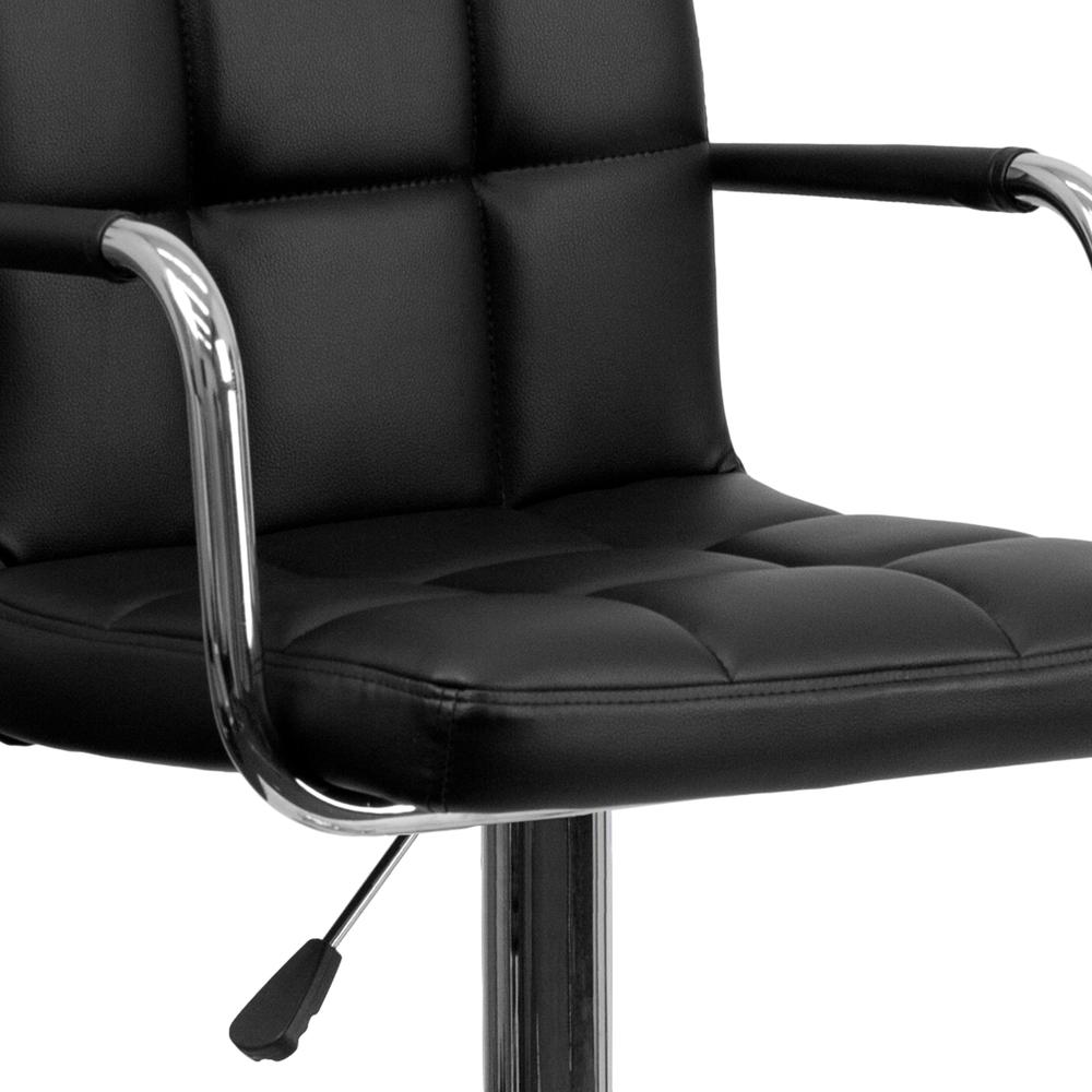 Contemporary Black Quilted Vinyl Adjustable Height Barstool with Arms and Chrome Base. Picture 8